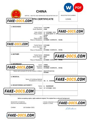China birth certificate Word and PDF template, completely editable