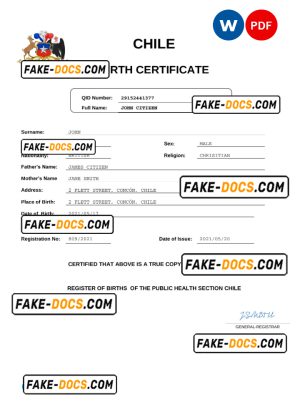 Chile vital record birth certificate Word and PDF template, completely editable
