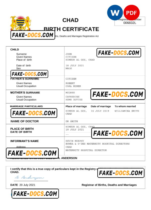 Chad birth certificate Word and PDF template, completely editable