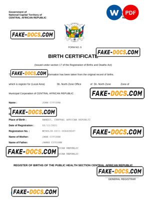 Central Affrican Republic vital record birth certificate Word and PDF template, completely editable