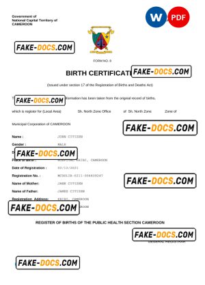 Cameroon vital record birth certificate Word and PDF template, completely editable