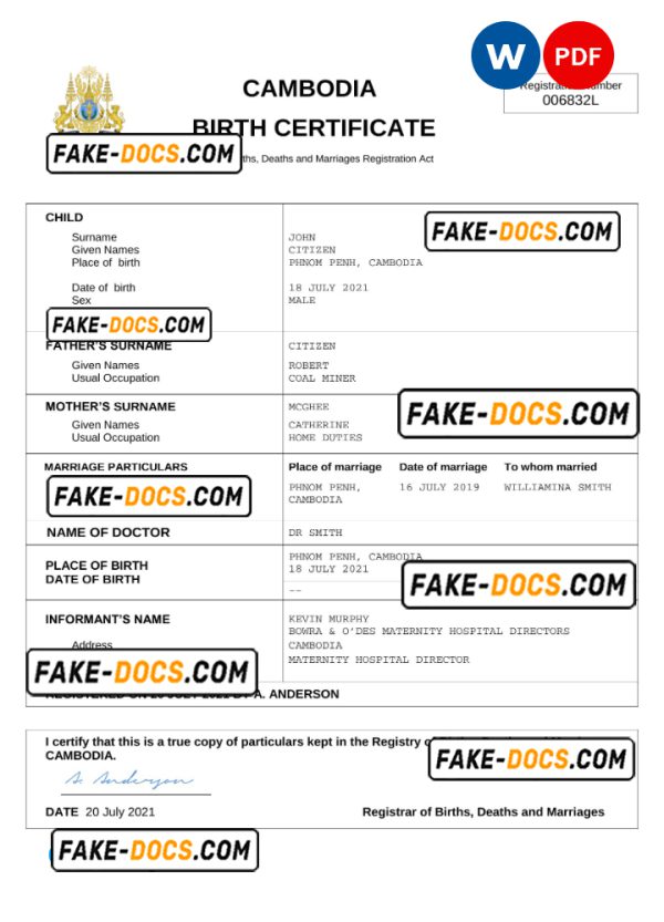 Cambodia birth certificate Word and PDF template, completely editable