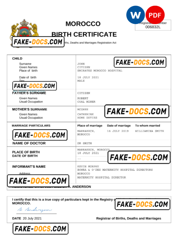 Morocco vital record birth certificate Word and PDF template, completely editable