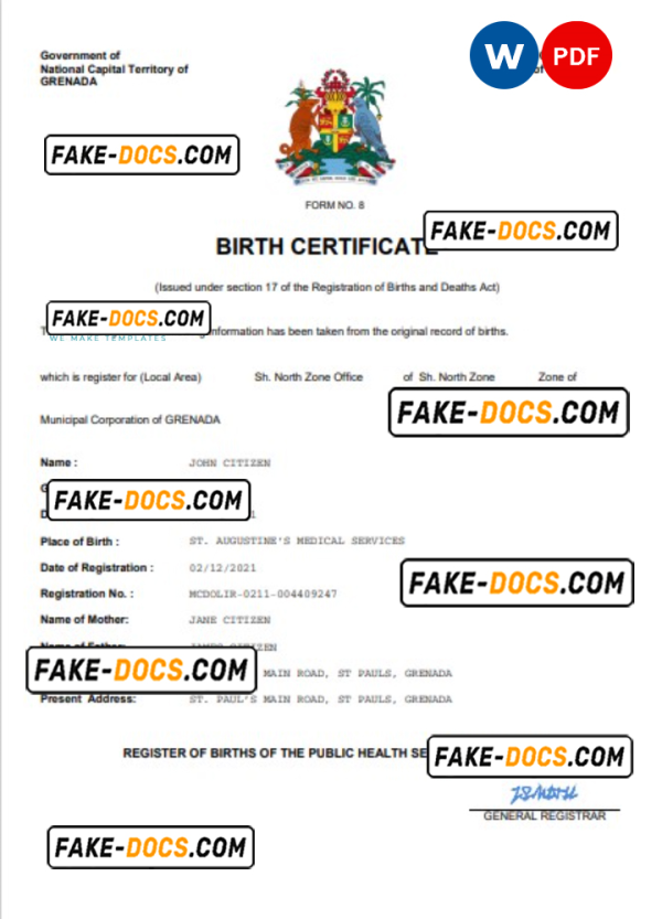 Grenada vital record birth certificate Word and PDF template, completely editable