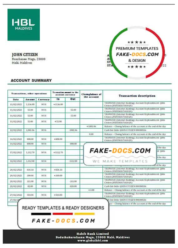 Maldives HBL bank statement template in Word and PDF format Maldives HBL bank statement template in Word and PDF format