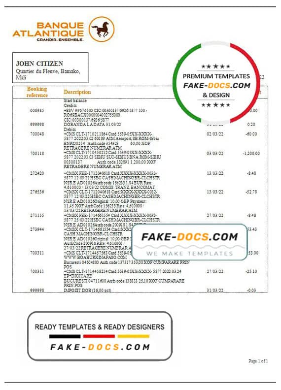 Mali Banque Atlantiaque bank statement template in Word and PDF format, .doc and .pdf format Mali Banque Atlantiaque bank statement template in Word and PDF format, .doc and .pdf format
