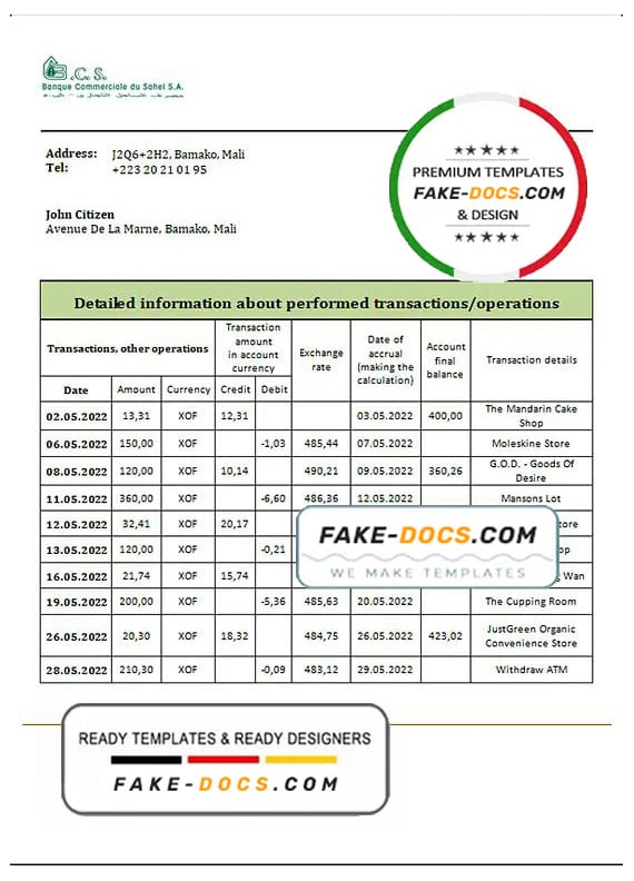 Mali Banque Commerciale du Sahel bank statement template in Word and PDF format, .doc and .pdf format Mali Banque Commerciale du Sahel bank statement template in Word and PDF format, .doc and .pdf format