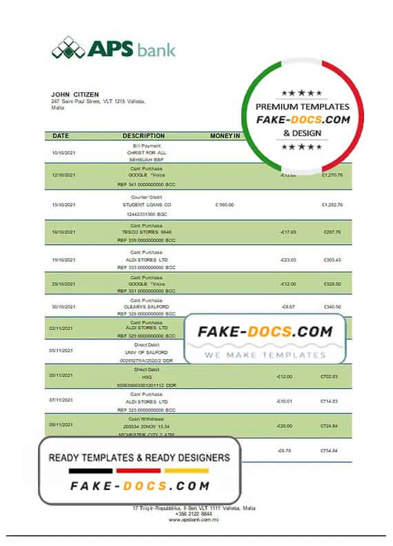 Malta APS bank statement template in Word and PDF format Malta APS bank statement template in Word and PDF format