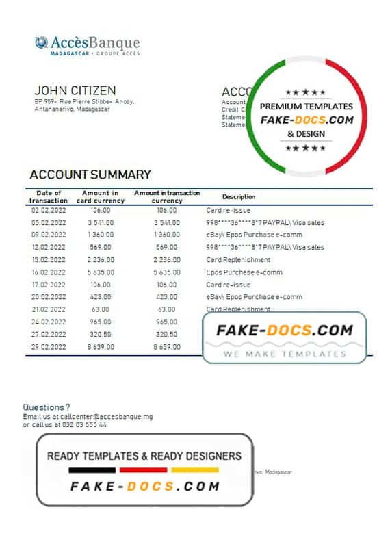 Madagascar Acces Banque bank statement template in Word and PDF format Madagascar Acces Banque bank statement template in Word and PDF format