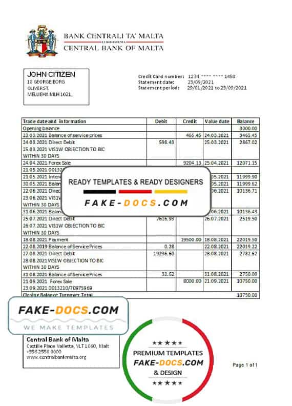 Malta Central Bank of Malta bank statement easy to fill template in Excel and PDF format Malta Central Bank of Malta bank statement easy to fill template in Excel and PDF format