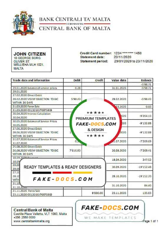 Malta Central Bank of Malta bank statement template in Word and PDF format Malta Central Bank of Malta bank statement template in Word and PDF format