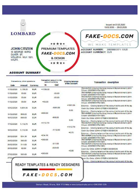 Malta Lombard Bank Malta p.l.c bank statement template in Word and PDF format Malta Lombard Bank Malta p.l.c bank statement template in Word and PDF format
