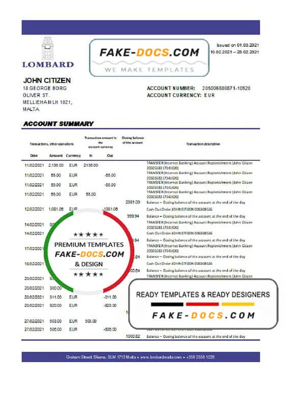 Malta Lombard Bank Malta p.l.c. bank statement easy to fill template in .xls and .pdf file format Malta Lombard Bank Malta p.l.c. bank statement easy to fill template in .xls and .pdf file format