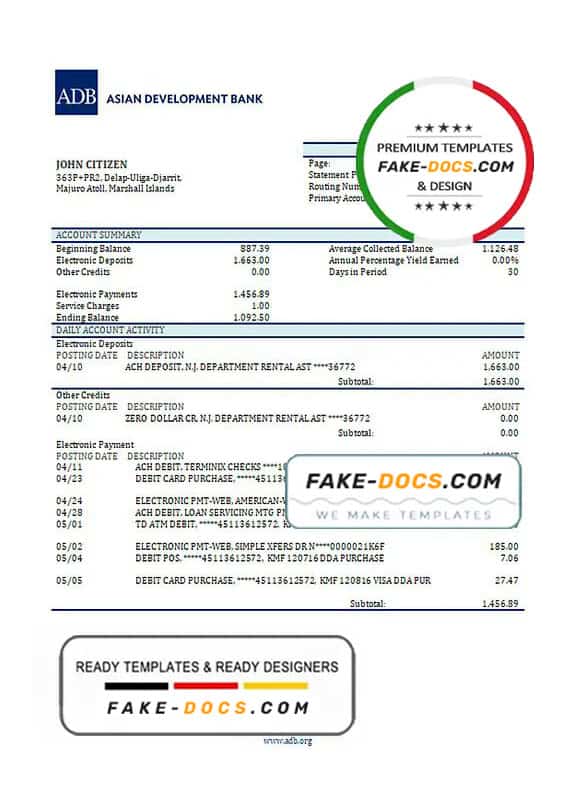 Marshall Islands ADB bank statement template in Word and PDF format Marshall Islands ADB bank statement template in Word and PDF format