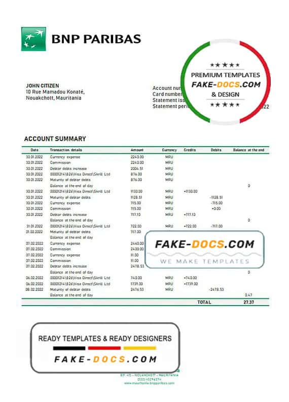 Mauritania BNP Paribas bank statement template in Word and PDF format Mauritania BNP Paribas bank statement template in Word and PDF format