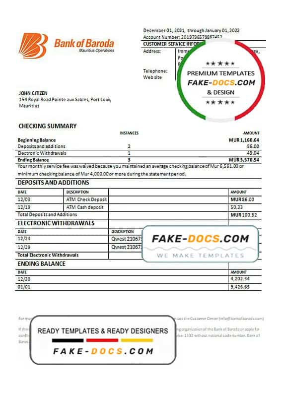 Mauritius Bank of Boroda bank statement template in Word and PDF format Mauritius Bank of Boroda bank statement template in Word and PDF format