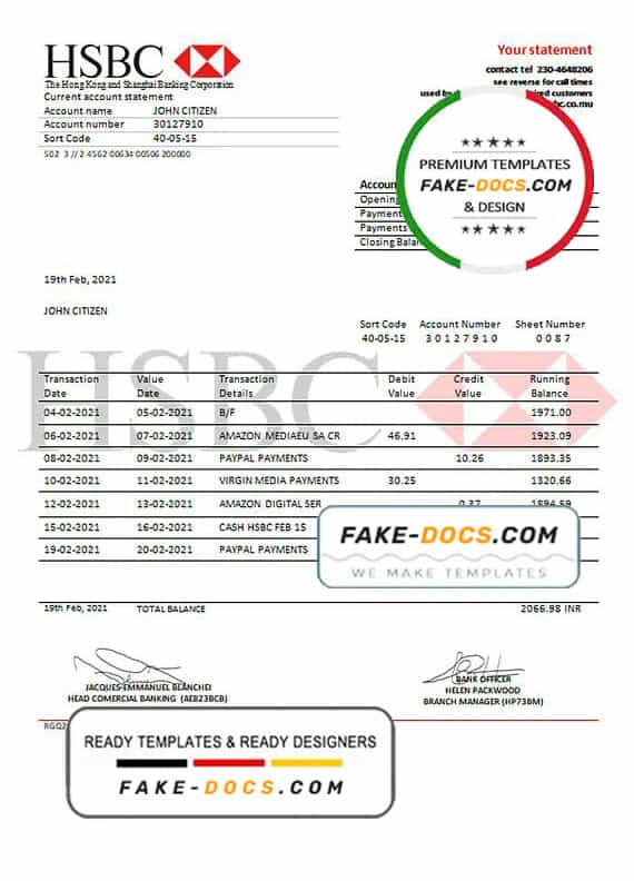 Mauritius HSBC bank statement template in Word and PDF format Mauritius HSBC bank statement template in Word and PDF format
