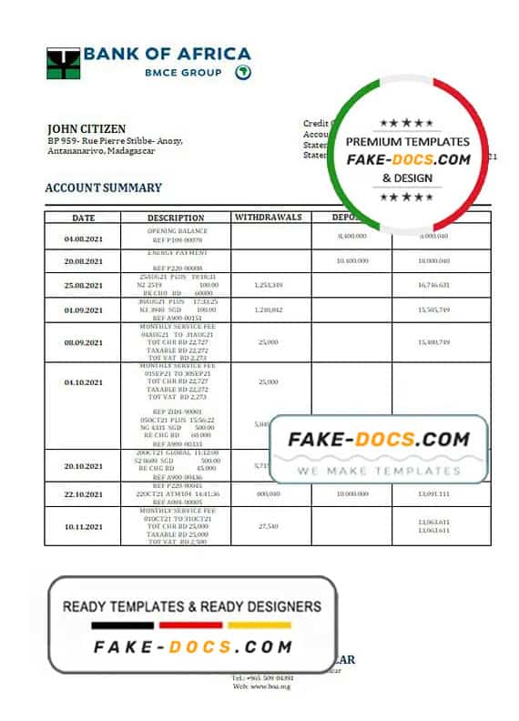Madagascar Bank of Africa bank statement template in Word and PDF format Madagascar Bank of Africa bank statement template in Word and PDF format