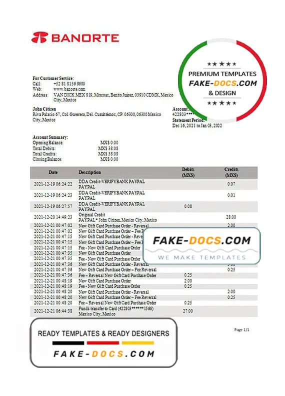 Mexico Banorte bank statement template in Word and PDF format Mexico Banorte bank statement template in Word and PDF format