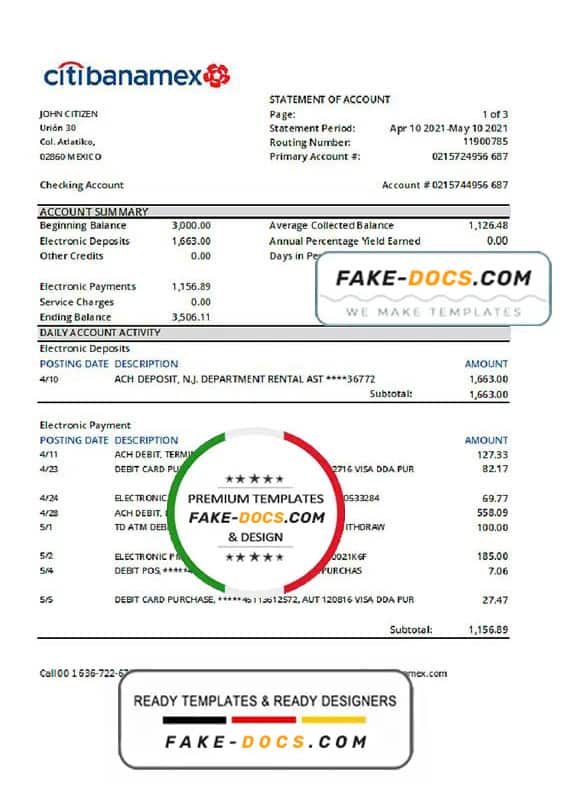Mexico Citibanamex bank statement easy to fill template in .xls and .pdf file format Mexico Citibanamex bank statement easy to fill template in .xls and .pdf file format