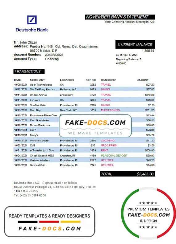 Mexico Deutsche bank statement easy to fill template in Excel and PDF format Mexico Deutsche bank statement easy to fill template in Excel and PDF format