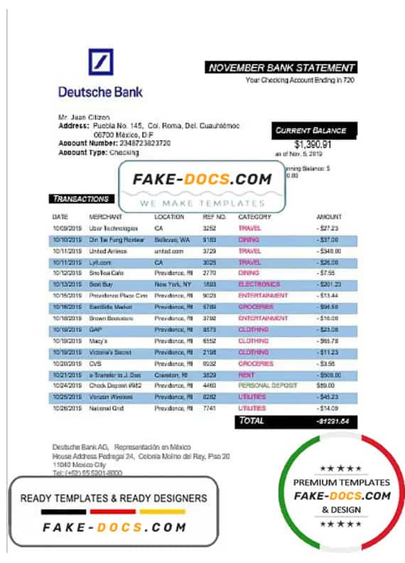 Mexico Deutsche bank statement template in Word and PDF format, good for address prove Mexico Deutsche bank statement template in Word and PDF format, good for address prove