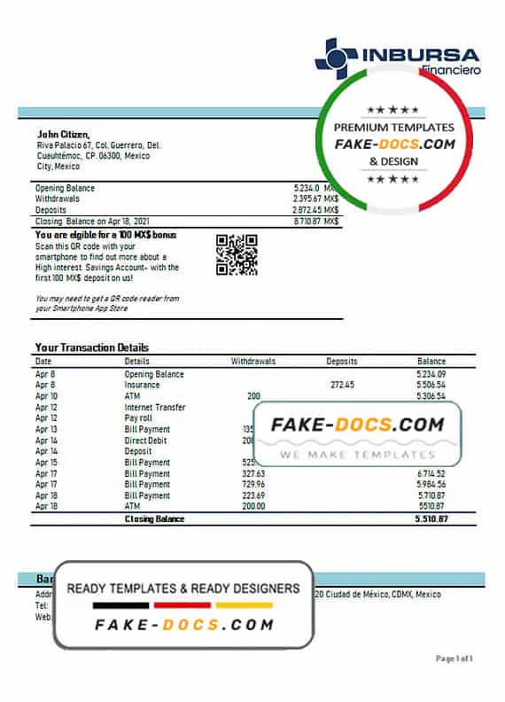 Mexico Inbursa bank statement template in Word and PDF format Mexico Inbursa bank statement template in Word and PDF format