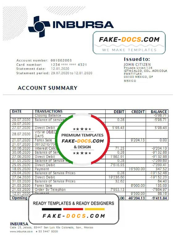 Mexico Inbursa Bank statement template in Word and PDF format, good for address prove Mexico Inbursa Bank statement template in Word and PDF format, good for address prove