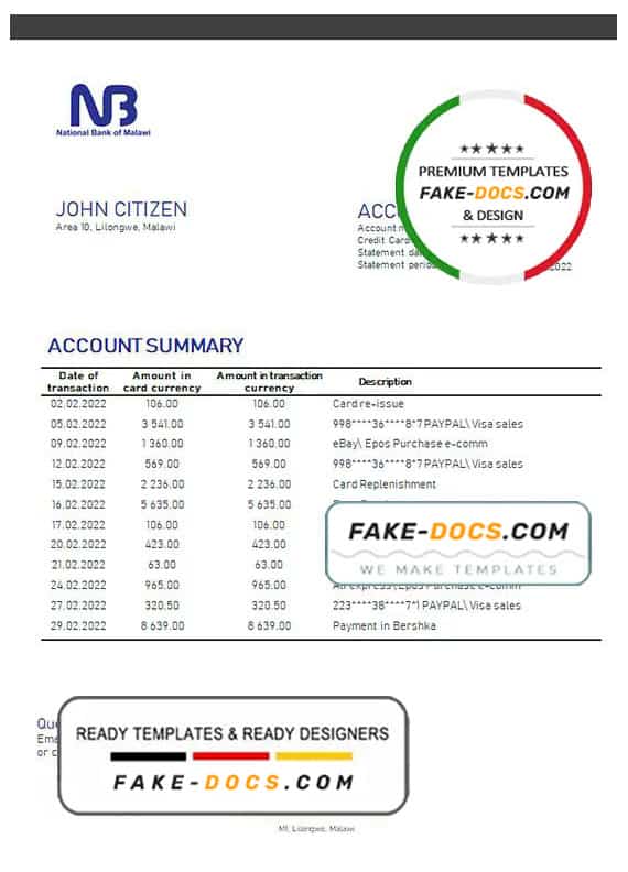 Malawi National Bank of Malawi bank statement template in Word and PDF format Malawi National Bank of Malawi bank statement template in Word and PDF format