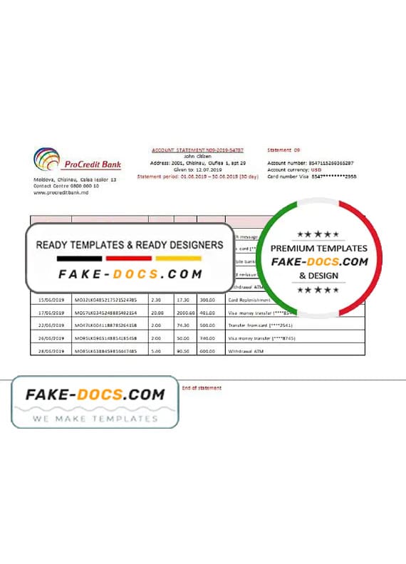 Moldova ProCredit Bank statement template in Word and PDF format Moldova ProCredit Bank statement template in Word and PDF format