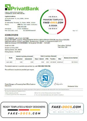 Ukraine Privatbank statement template in Word and PDF format