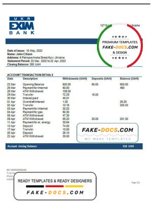 Ukraine Ukreximbank Bank statement template, Word and PDF format (.doc and .pdf)