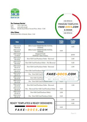 United Arab Emirates MCB bank statement template in Word and PDF format