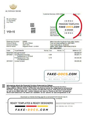 United Kingdom Al Rayan bank statement template in Excel and PDF format