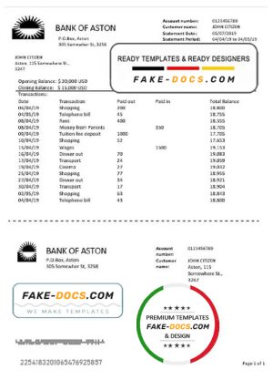United Kingdom Bank of Aston bank statement template in Word and PDF format, good for address prove