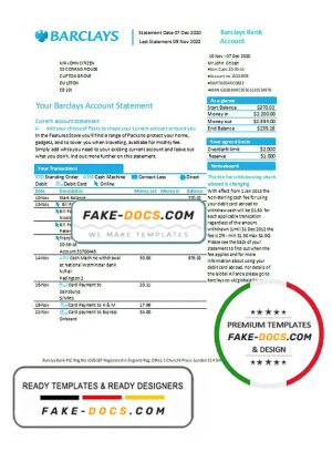 United Kingdom Barclays bank account statement template in Excel and PDF format, version 1