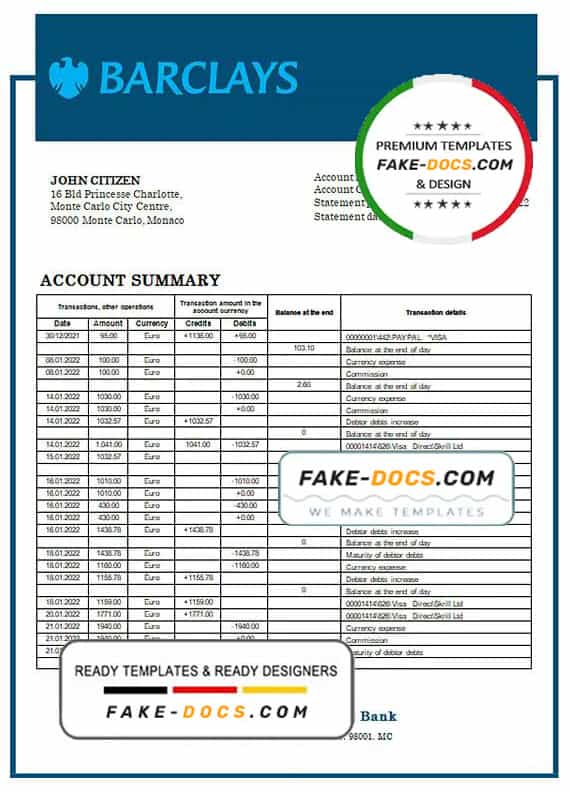 Monaco Barclays Private Bank statement easy to fill template in Word and PDF format Monaco Barclays Private Bank statement easy to fill template in Word and PDF format