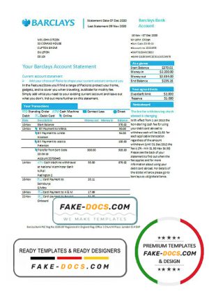 United Kingdom Barclays bank account statement template in Word and PDF format, version 1