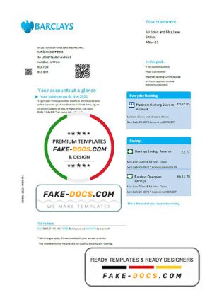 United Kingdom Barclays bank statement template in .xls and .pdf format, version 2