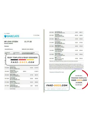 United Kingdom Barclays bank statement template in Excel and PDF format, version 3 (2 pages)