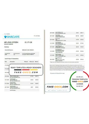 United Kingdom Barclays bank statement template in Word and PDF format, version 3 (2 pages)