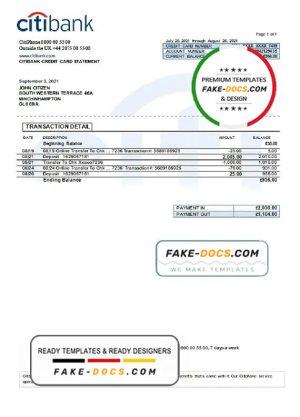 United Kingdom Citibank bank statement template in .xls and .pdf format