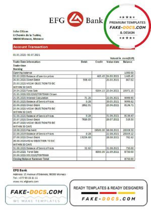 Monaco EFG Bank statement easy to fill template in .xls and .pdf file format Monaco EFG Bank statement easy to fill template in .xls and .pdf file format