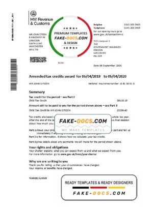 United Kingdom HM Revenue & Customs tax credits award statement template in Word and PDF format (.doc and .pdf)