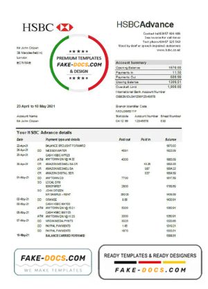 United Kingdom HSBC bank statement easy to fill template in Excel and PDF format