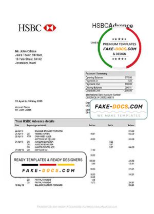 United Kingdom HSBC bank statement template in Word and PDF format