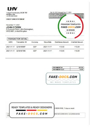 United Kingdom LHV Group bank statement in Excel and PDF format