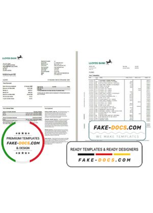 United Kingdom Lloyds bank statement template in Excel and PDF format (2 pages)