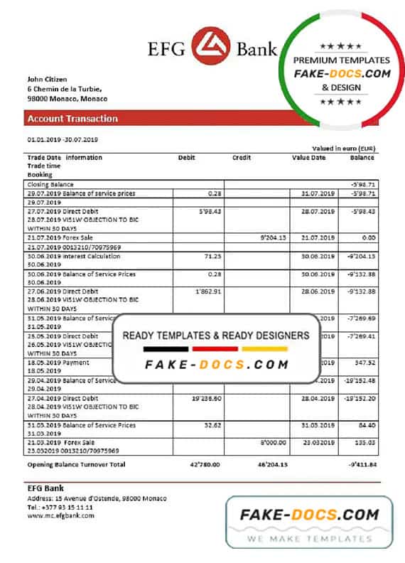 Monaco EFG Bank statement easy to fill template in Word and PDF format Monaco EFG Bank statement easy to fill template in Word and PDF format