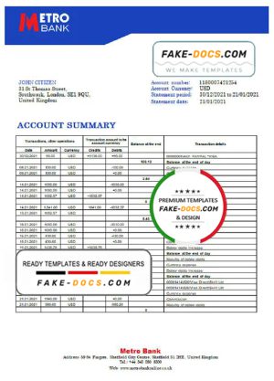 United Kingdom Metro Bank Bank statement in Word and PDF format